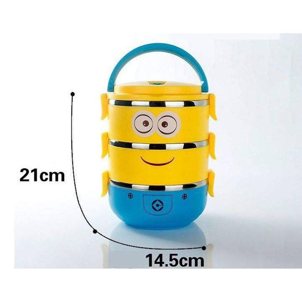 Hộp Cơm, Cặp Lồng Giữ Nhiệt Inox 3 Tầng Có Quai Sách Hình Minion Siêu Cute Đáng Yêu, Hộp Cơm Giữ Cực Tốt