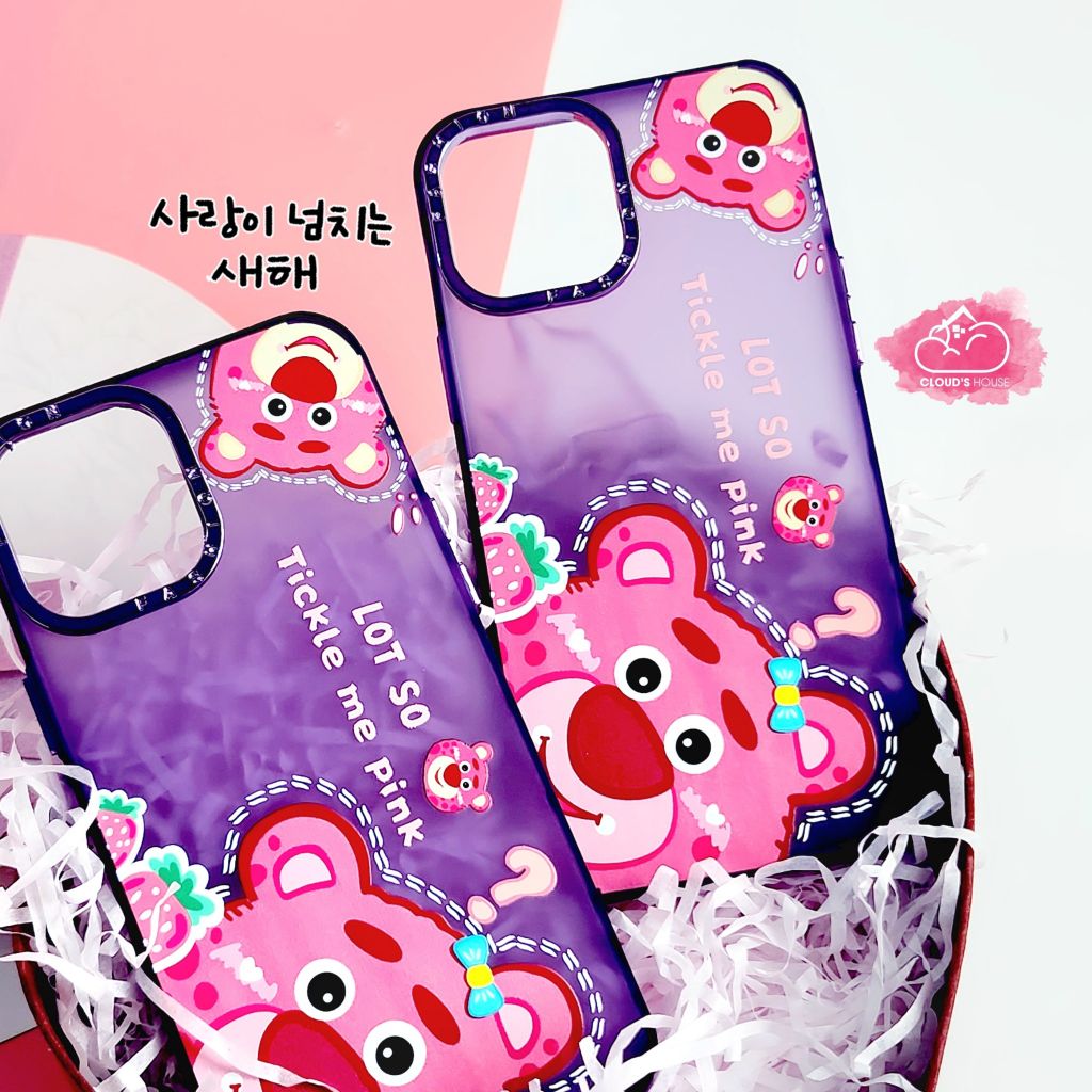 Case Ốp điện thoại iPhone Gấu dâu Lotso Nhám tím viền xi iPhone 11/12/13/14/Plus/Pro/Promax