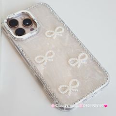 Case Ốp điện thoại iPhone Nơ Trắng Trong Ánh Xà Cừ Đính Đá Case iPhone 12/13/14/15/16/Pro/Promax