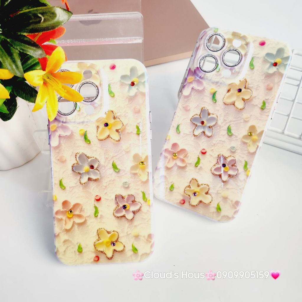 Case Ốp điện thoại iPhone Hoa Hologram nền vàng viền nhám bảo vệ cụm camera đính đá iPhone 11/12/13/14/15/Pro/Promax