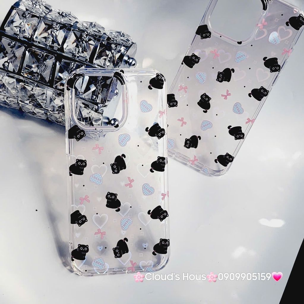 Case Ốp điện thoại iPhone Trong Mèo Đen Nền Tim Hologram iPhone 12/13/14/15/Pro/Promax