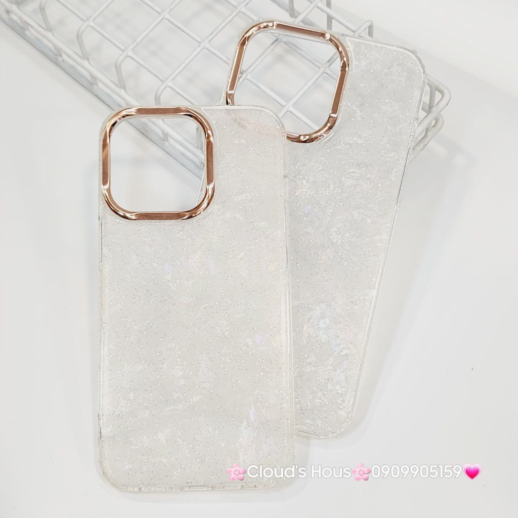 Case Ốp điện thoại iPhone Nền Trắng Ánh Xà Cừ Bling Bling Camera viền vàng Siêu Sang iPhone 12/13/14/15/16/Pro/Promax