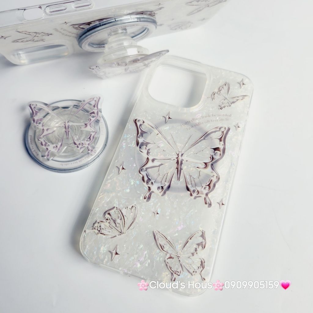 Case Ốp điện thoại iPhone Magsafe Bướm Đen Ánh Xà Cừ Trắng Kèm Popsocket Nam Châm iPhone 11/12/13/14/15/Pro/Promax