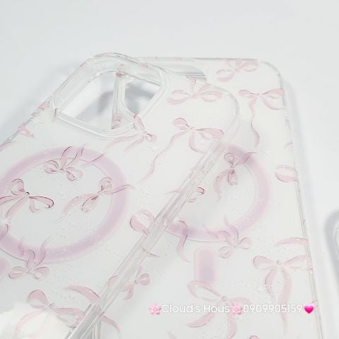 Case Ốp điện thoại iPhone Magsafe Nền Trắng Nơ Hồng PopSocket iPhone 12/13/14/15/16/Pro/Promax