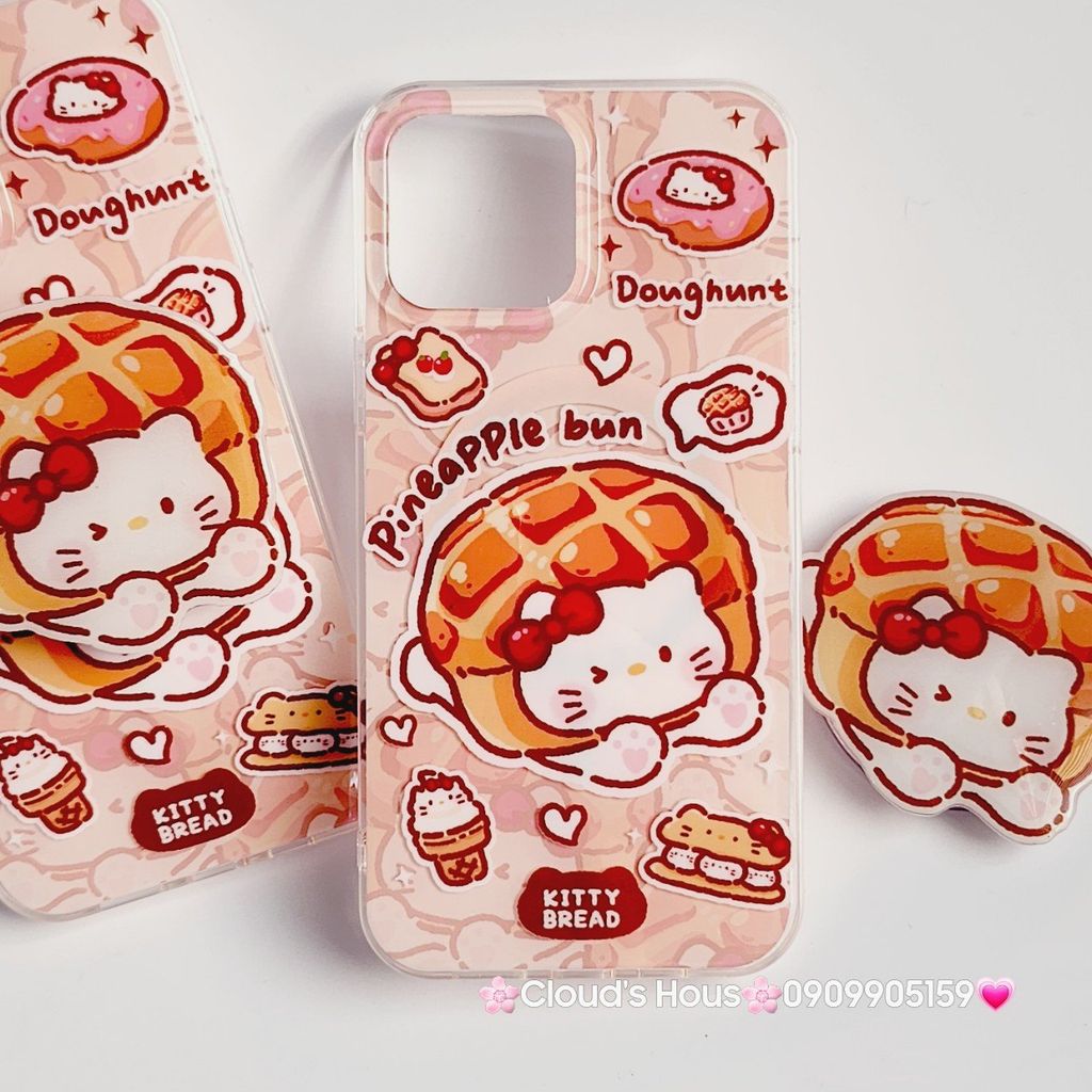Case Ốp điện thoại iPhone Magsafe Mèo Hello Kitty Bread Pineapple bun Kèm Popsocket Nam Châm iPhone 11/12/13/14/15/Pro/Promax