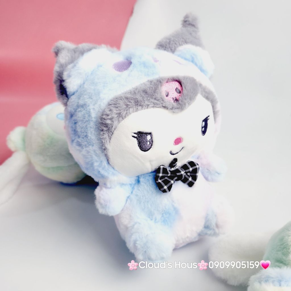 Gấu Bông Thỏ Cinnamoroll & Kuromi Cầu Vồng Đeo Nơ Đen Caro