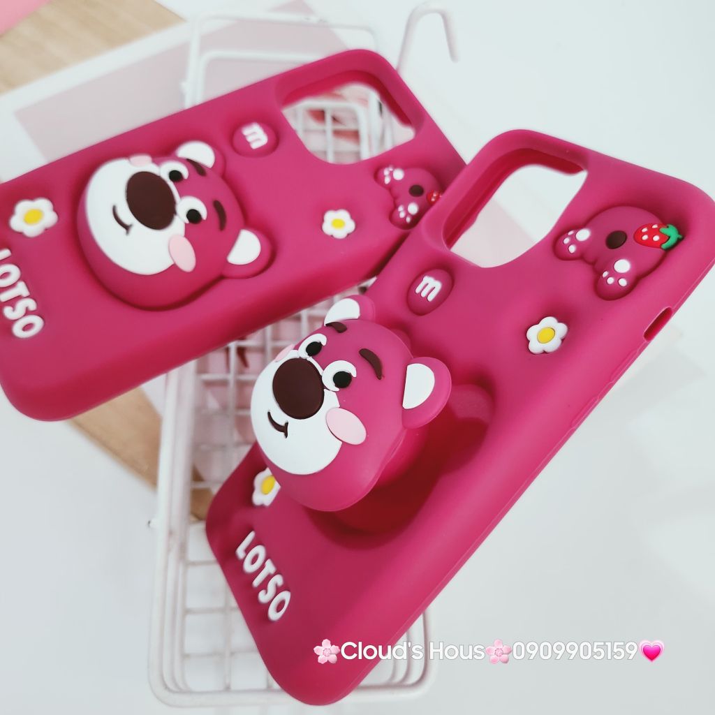 Case Ốp điện thoại iPhone Gấu Dâu Lotso Su dẻo 3D Nổi Popsocket iPhone 11/12/13/14/15/Plus/Pro/Promax