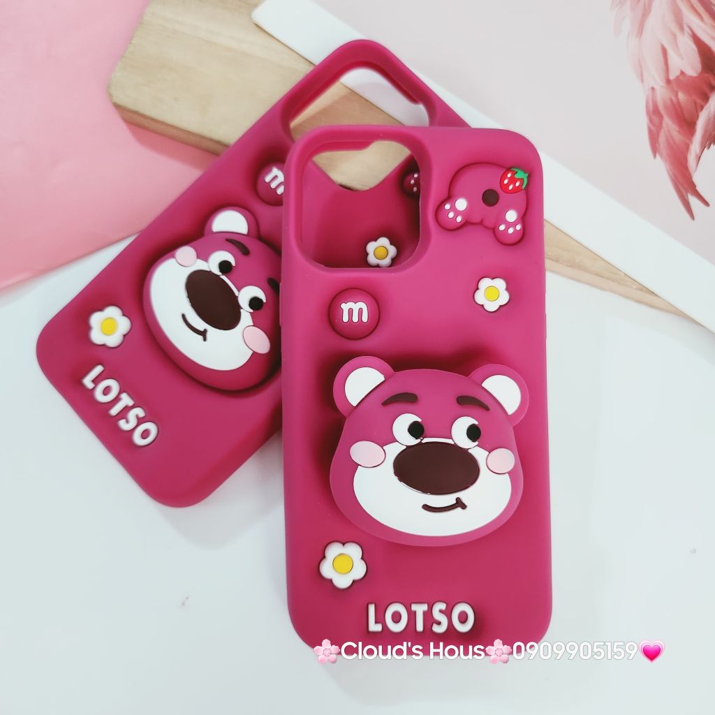 Case Ốp điện thoại iPhone Gấu Dâu Lotso Su dẻo 3D Nổi Popsocket iPhone 11/12/13/14/15/Plus/Pro/Promax