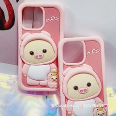 Case Ốp điện thoại iPhone Su dẻo Heo Cosplay Dudu Nền Hồng iPhone 11/12/13/14/15/Pro/Promax