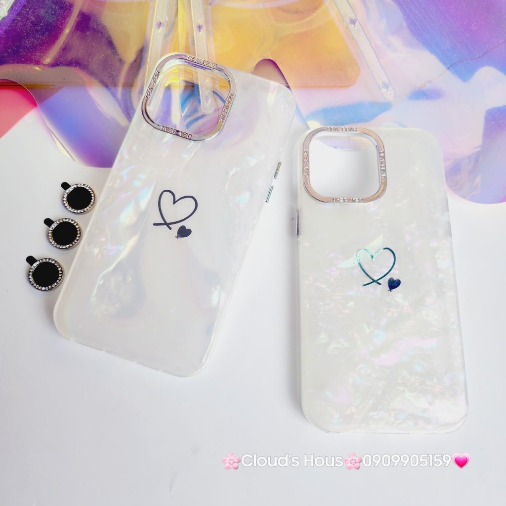 Case Ốp điện thoại iPhone Trái Tim Nền Trắng Ánh Xà Cừ kèm bảo vệ camera đính đá iPhone 11/12/13/14/15/Pro/Promax