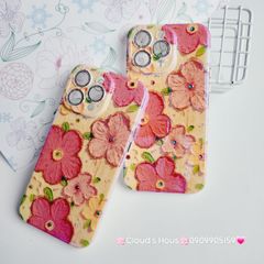 Case Ốp điện thoại iPhone Hoa Hologram nền vàng hoa đỏ viền nhám bảo vệ cụm camera đính đá iPhone 11/12/13/14/15/Pro/Promax
