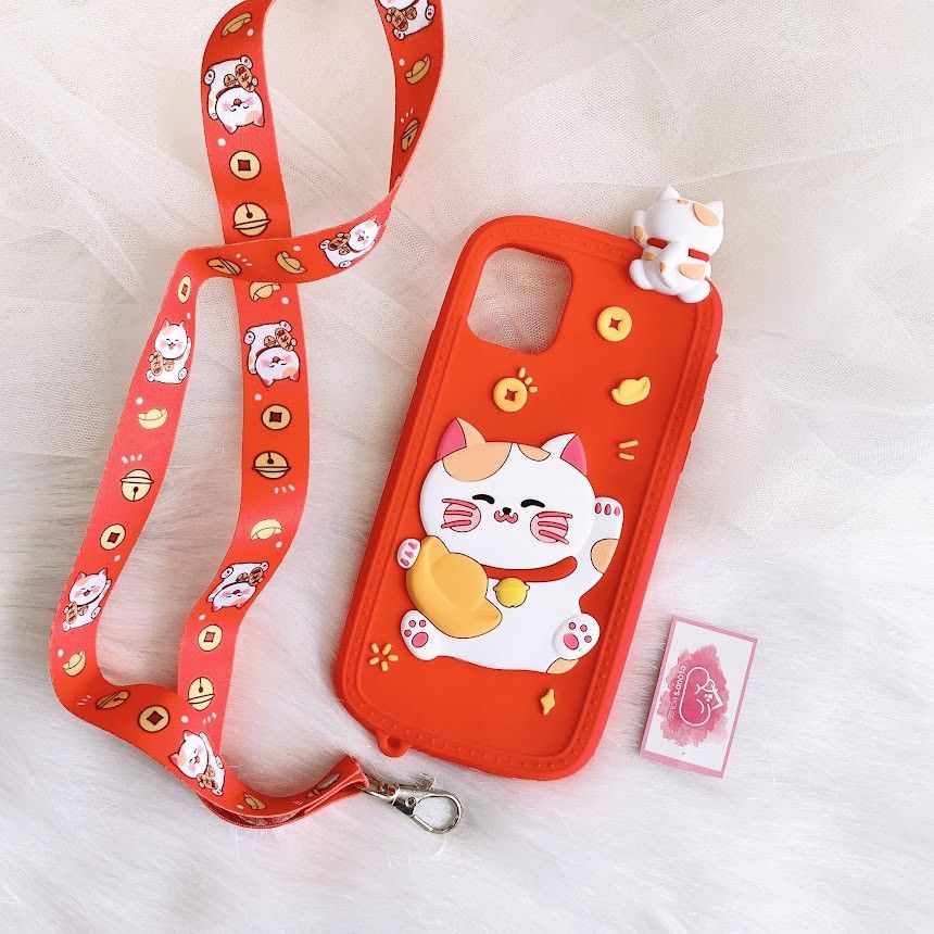 Case Ốp điện thoại iPhone Mèo may mắn Su dẻo Kèm dây đeo điện thoại iPhone 7/8/XsMax/11/12/Plus/Pro/Promax - TẾT