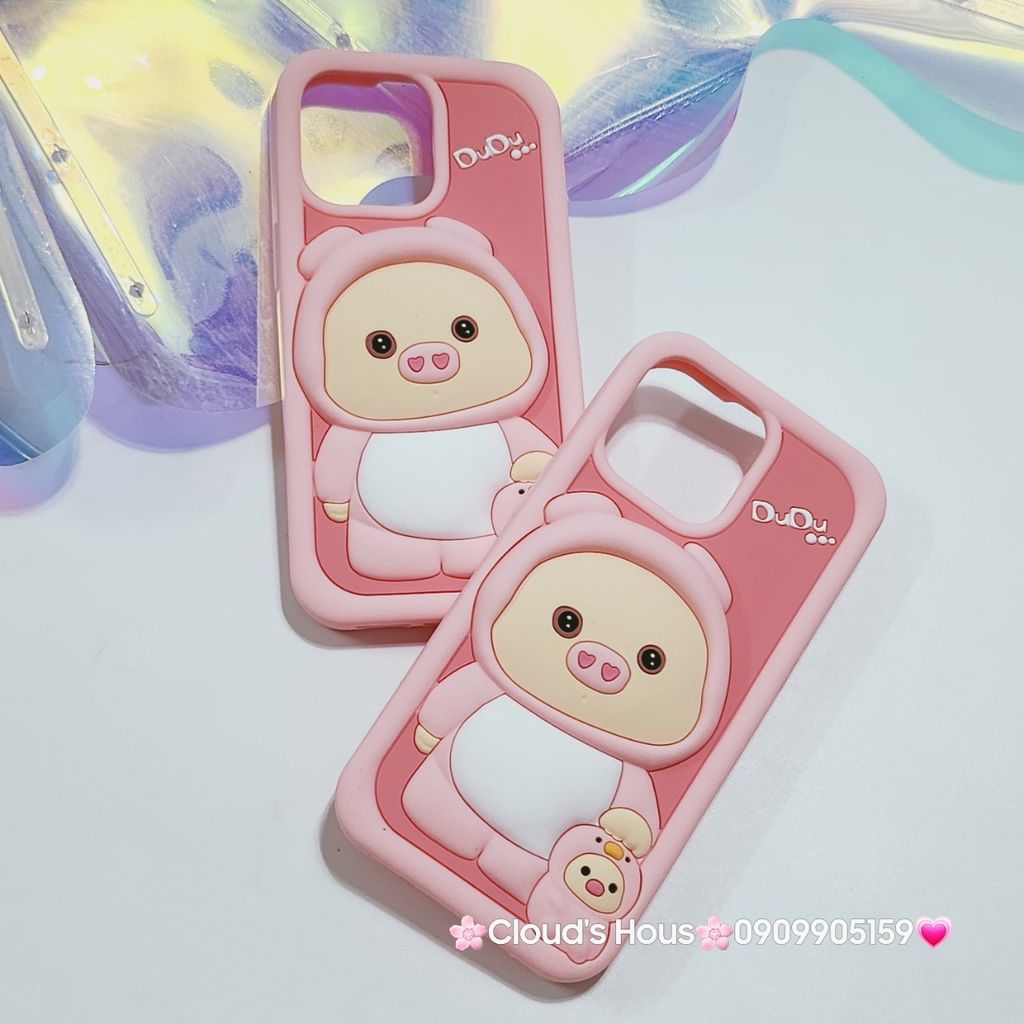Case Ốp điện thoại iPhone Su dẻo Heo Cosplay Dudu Nền Hồng iPhone 11/12/13/14/15/Pro/Promax