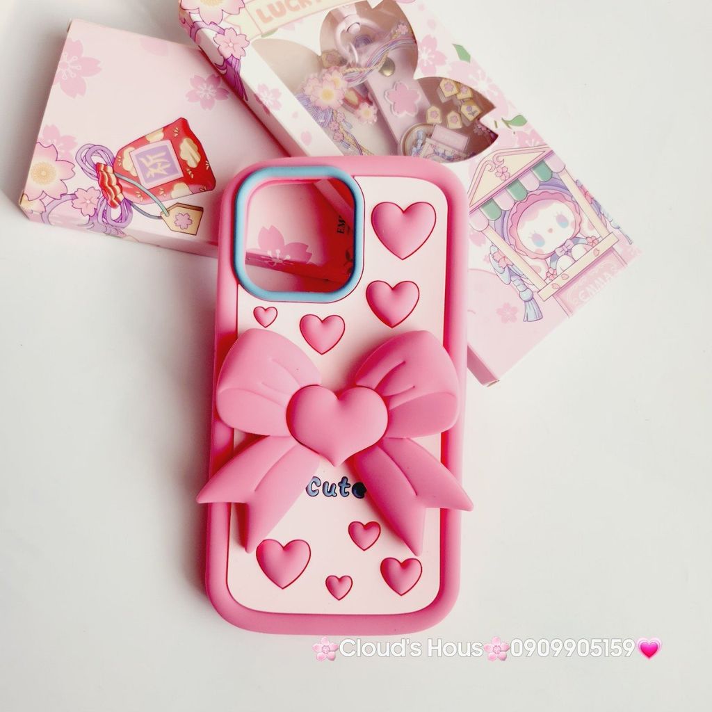Case Ốp điện thoại iPhone Su dẻo Nơ Chống Dựng Trái tim iPhone 6P/7P/8P/X/Xs/XSMax/11/12/13/14/15/Pro/Promax