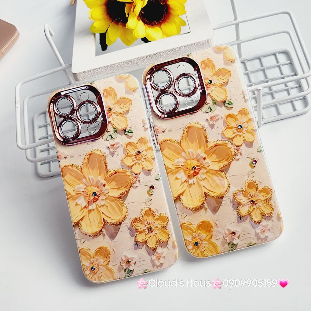 Case Ốp điện thoại iPhone Hoa To Hologram Nền Vàng Viền Camera đính đá Classic 11/12/13/14/15/Pro/Plus/Promax