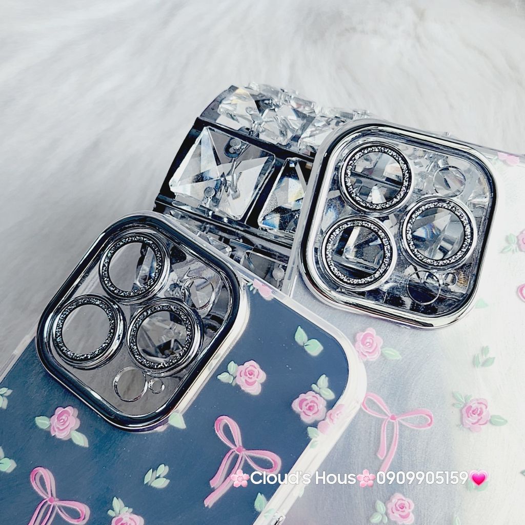 Case Ốp điện thoại iPhone Gương Nơ Hoa Camera đính đá kèm bảo vệ camera hologram iPhone 11/12/13/14/15/Pro/Promax