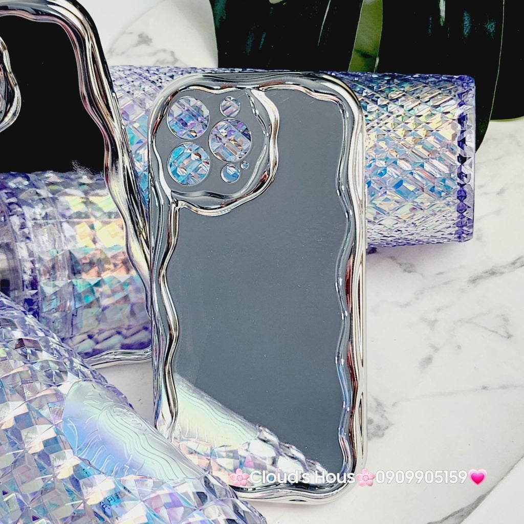 Case Ốp điện thoại iPhone Gương ánh bạc viền gợn sóng iPhone X/XSM/11/12/13/14/15/Pro/Promax