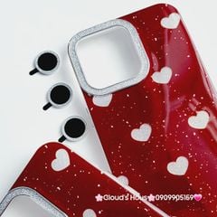 Case Ốp điện thoại iPhone Trái Tim Bạc Nền Đỏ Camera Viền Đính đá kèm bảo vệ Camera iPhone 11/12/13/14/15/Pro/Promax