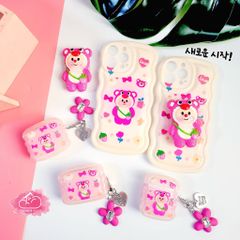 Case Ốp điện thoại iPhone Gấu dâu Lotso Chất phao Viền gợn sóng Kèm popsoket iPhone 11/12/13/14/Plus/Pro/Promax