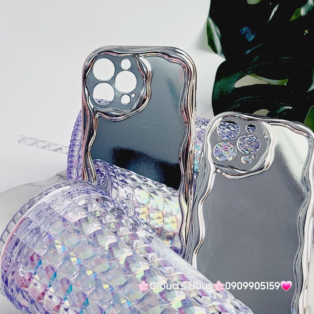 Case Ốp điện thoại iPhone Gương ánh bạc viền gợn sóng iPhone X/XSM/11/12/13/14/15/Pro/Promax