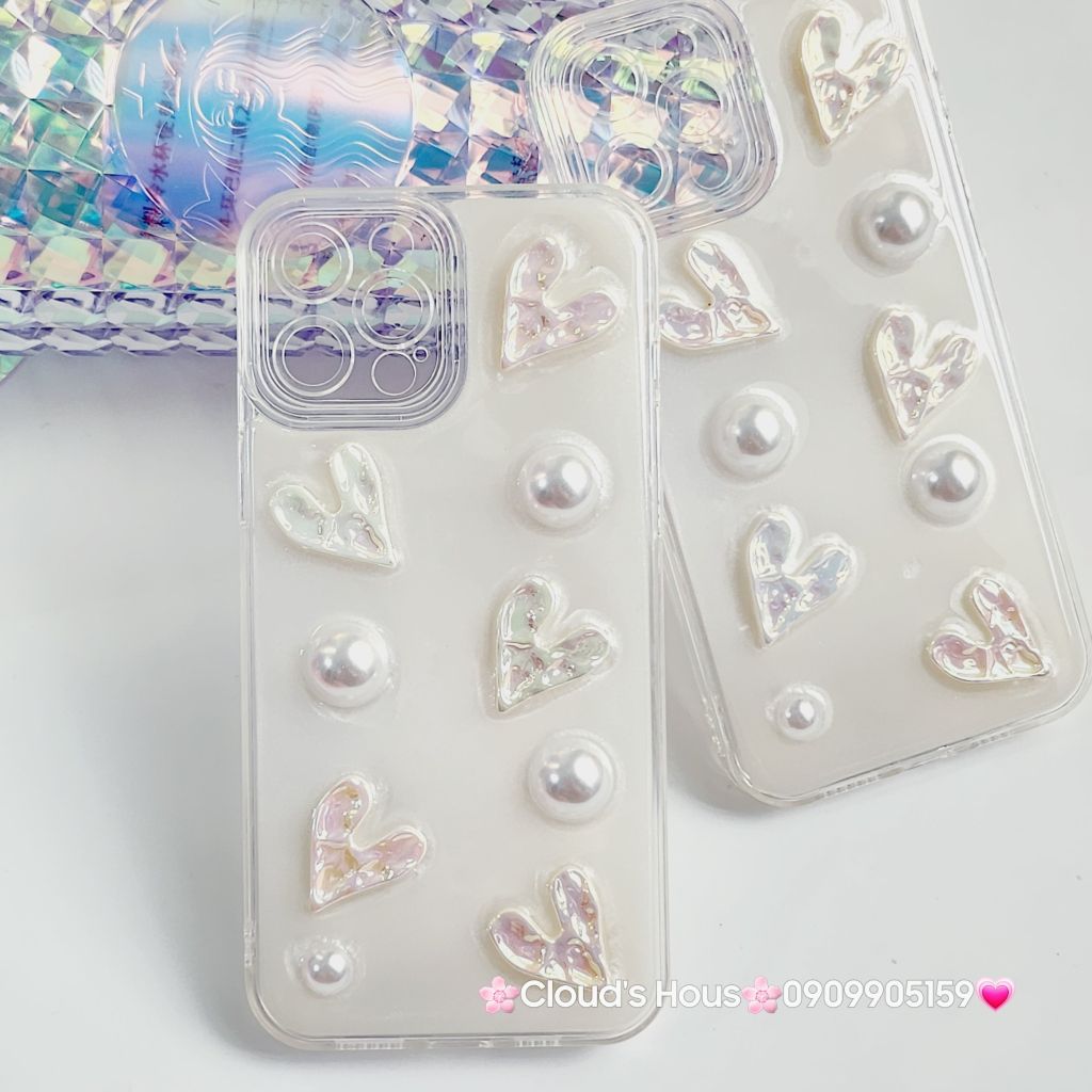 Case Ốp điện thoại iPhone Bling Bling icon Trái Tim ngọc trai nổi iPhone 11/12/13/14/Pro/Promax