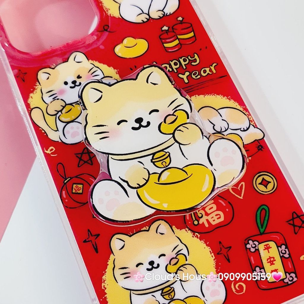 Case Ốp điện thoại iPhone Mèo May Mắn Good Luck Tết Kèm Popsocket Nam Châm iPhone 11/12/13/14/15/Pro/Promax