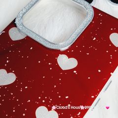 Case Ốp điện thoại iPhone Trái Tim Bạc Nền Đỏ Camera Viền Đính đá kèm bảo vệ Camera iPhone 11/12/13/14/15/Pro/Promax