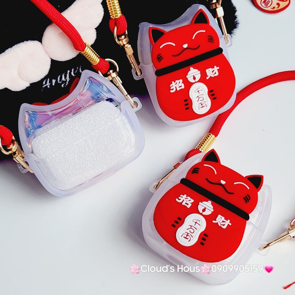 Cover Case Vỏ bảo vệ Airpod Mèo May Mắn Nhám Đỏ Có Dây Xách Airpod 1/2/3/Pro/Pro2 - TẾT
