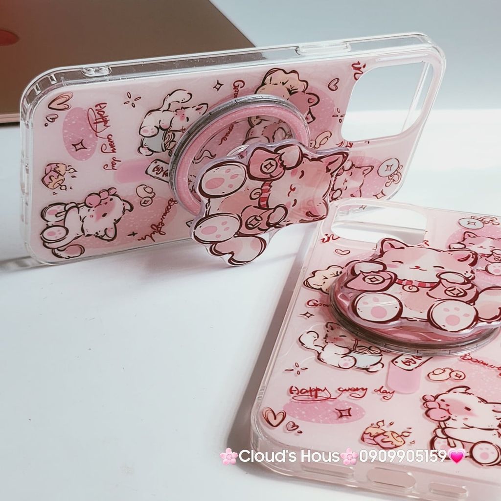 Case Ốp điện thoại iPhone Mèo Hồng May Mắn Kèm Popsocket Magsafe Nam Châm iPhone 11/12/13/14/15/Pro/Promax