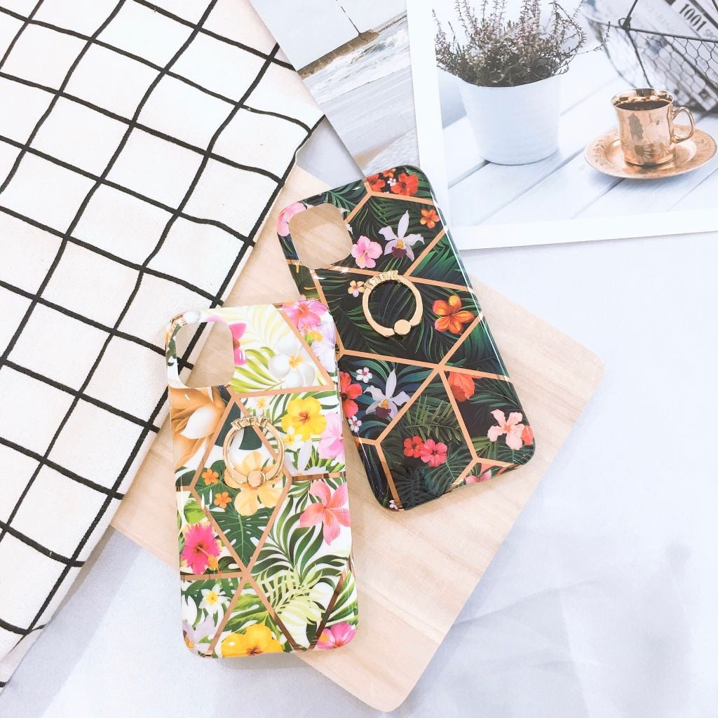 Case Ốp điện thoại iPhone Hoa cỏ lá bóng dẻo kèm rings