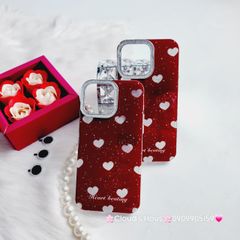 Case Ốp điện thoại iPhone Trái Tim Bạc Nền Đỏ Camera Viền Đính đá kèm bảo vệ Camera iPhone 11/12/13/14/15/Pro/Promax