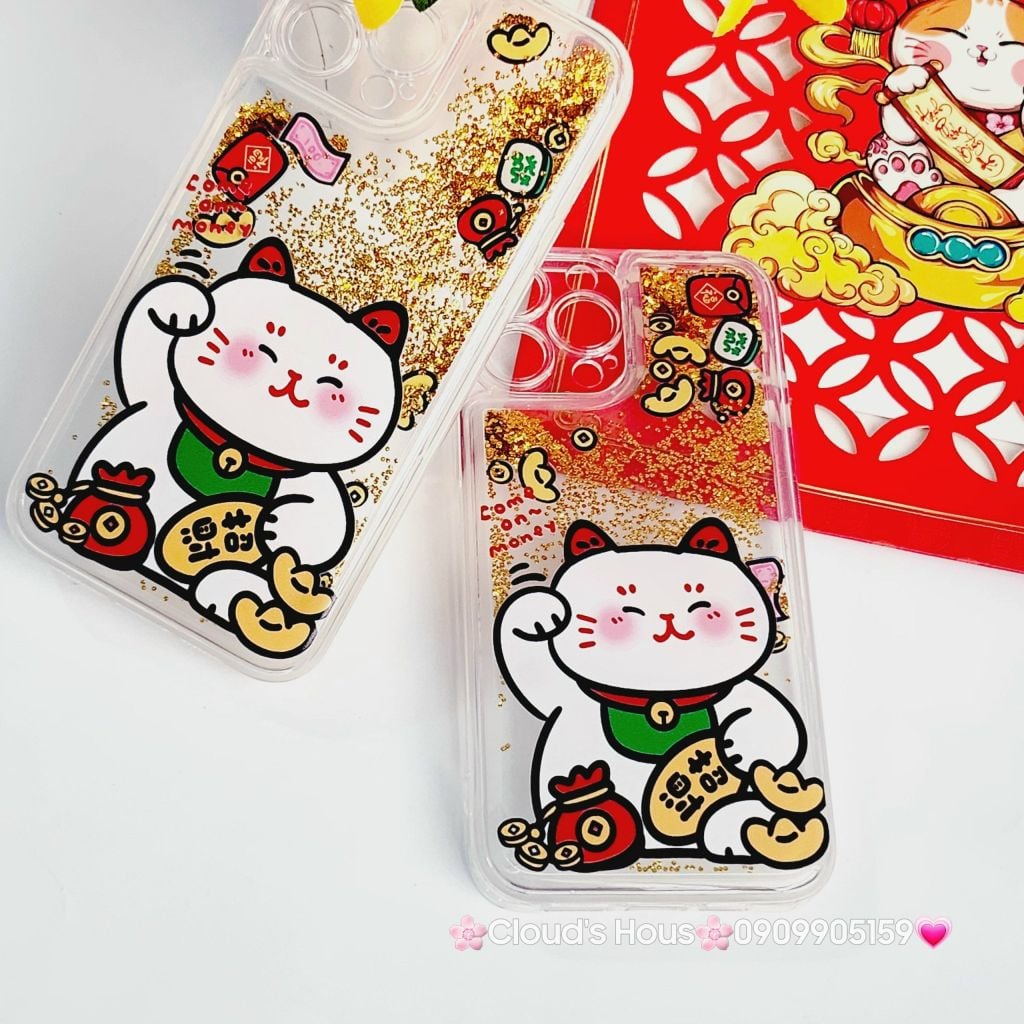 Case Ốp điện thoại iPhone Mèo May Mắn Nước Bling Bling iPhone 11/12/13/14/15/Pro/Promax - TẾT