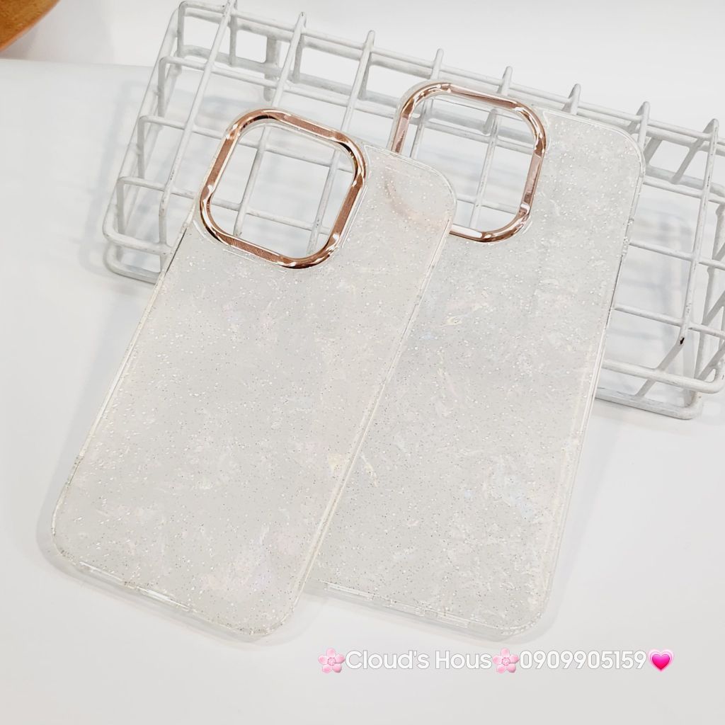 Case Ốp điện thoại iPhone Nền Trắng Ánh Xà Cừ Bling Bling Camera viền vàng Siêu Sang iPhone 12/13/14/15/16/Pro/Promax