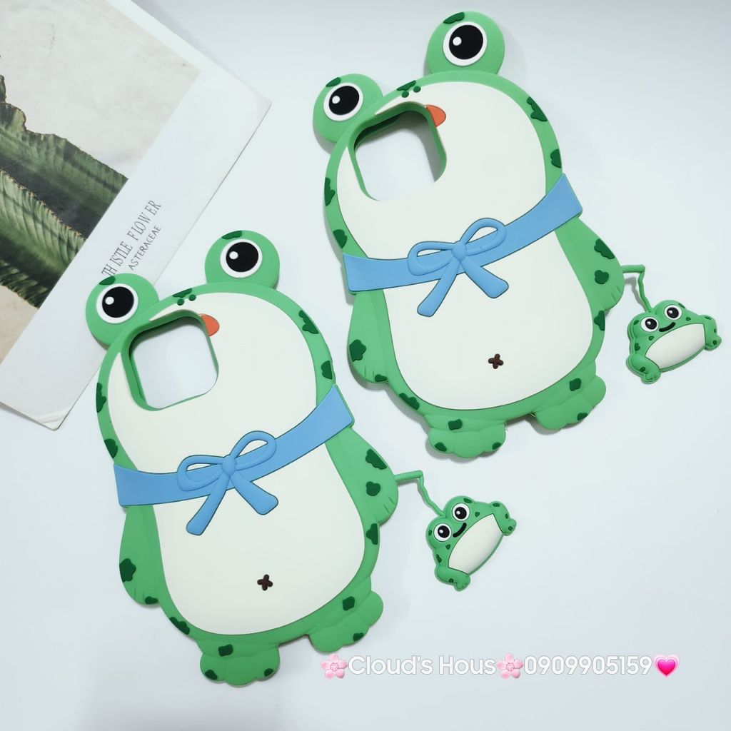 Case Ốp điện thoại iPhone Ếch xanh đeo nơ Su dẻo kèm móc khóa iPhone 11/12/13/14/15/Plus/Pro/Promax
