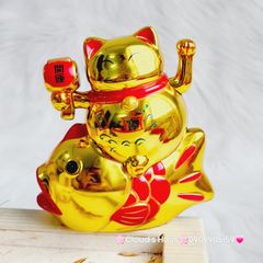Mèo Thần Tài Mạ Vàng Cưỡi Cá Chép