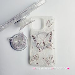 Case Ốp điện thoại iPhone Magsafe Bướm Đen Ánh Xà Cừ Trắng Kèm Popsocket Nam Châm iPhone 11/12/13/14/15/Pro/Promax