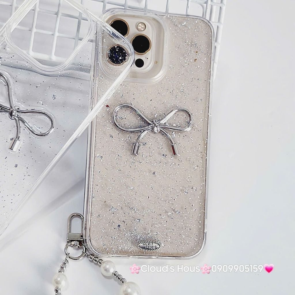 Case Ốp điện thoại iPhone Nơ Bạc Trong Bling Bling iPhone 12/13/14/15/Plus/Pro/Promax