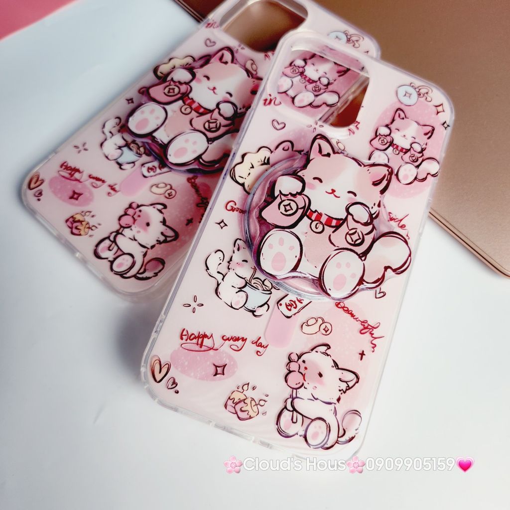 Case Ốp điện thoại iPhone Mèo Hồng May Mắn Kèm Popsocket Magsafe Nam Châm iPhone 11/12/13/14/15/Pro/Promax