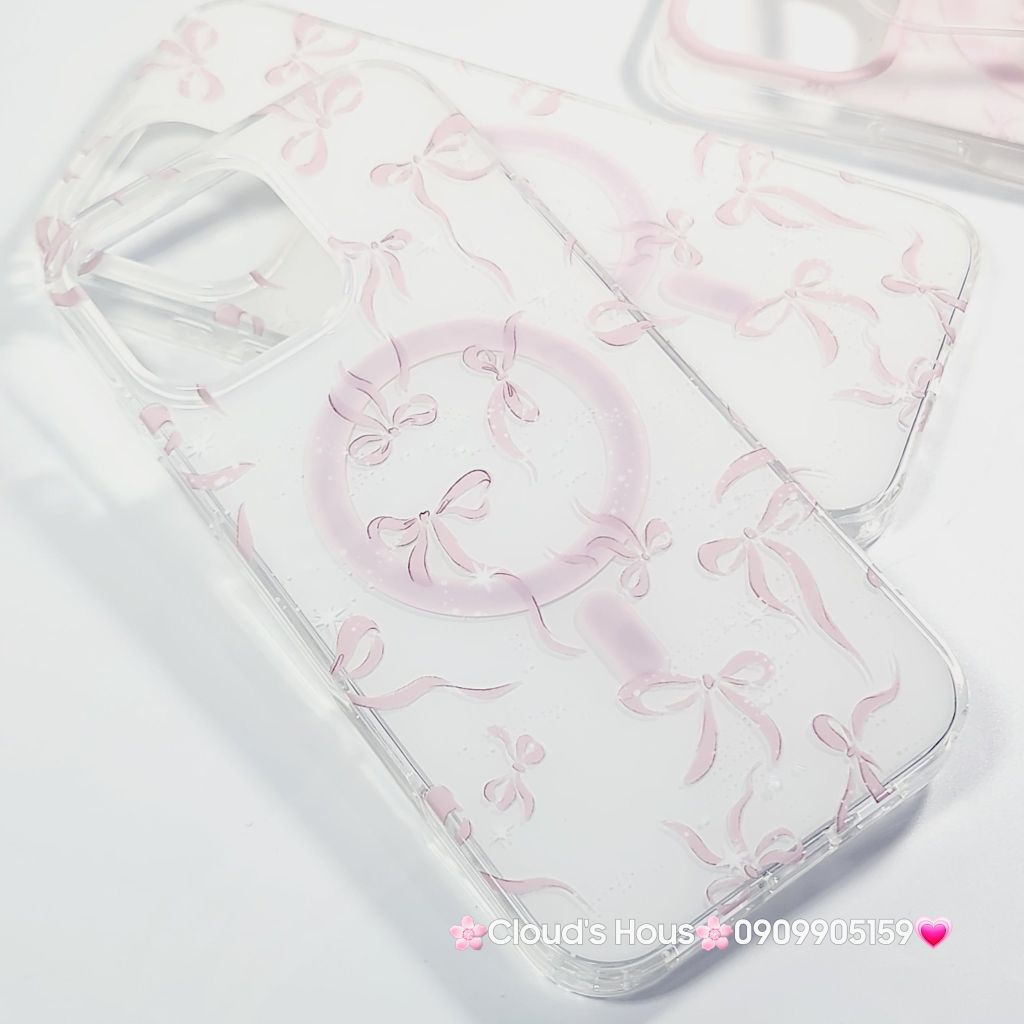 Case Ốp điện thoại iPhone Magsafe Nền Trắng Nơ Hồng PopSocket iPhone 12/13/14/15/16/Pro/Promax