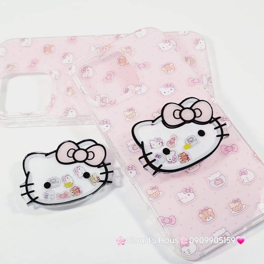 Case Ốp điện thoại iPhone Hello Kitty Nền Hồng PopSocket iPhone 12/13/14/15/16/Pro/Promax