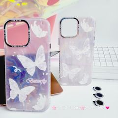 Case Ốp điện thoại iPhone Bướm Trắng Butterfly Ánh Xà Cừ Nền Hồng kèm bảo vệ camera đính đá iPhone 11/12/13/14/15/Pro/Promax