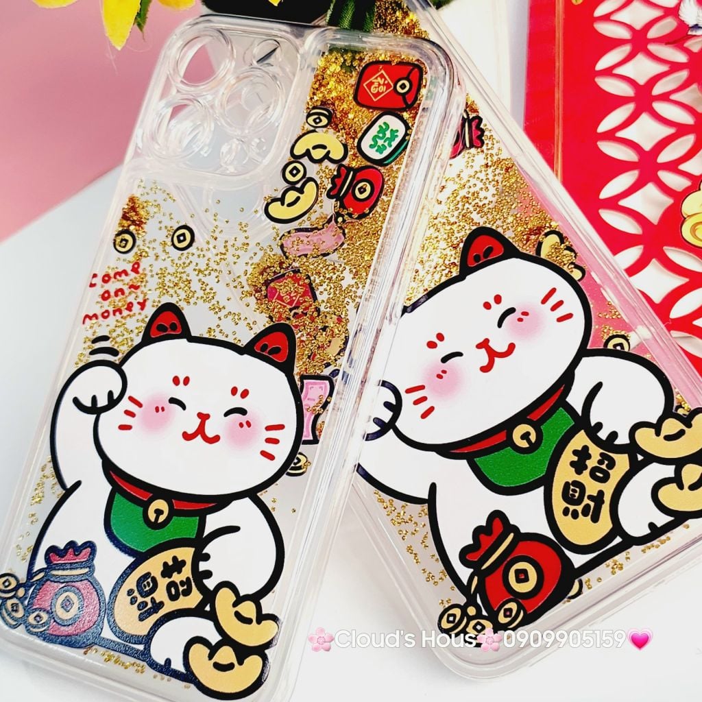 Case Ốp điện thoại iPhone Mèo May Mắn Nước Bling Bling iPhone 11/12/13/14/15/Pro/Promax - TẾT