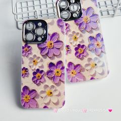 Case Ốp điện thoại iPhone Hoa Hologram Tím - Trắng Nền Trắng Đính đá Camera iPhone 11/12/13/14/15/pro/Promax