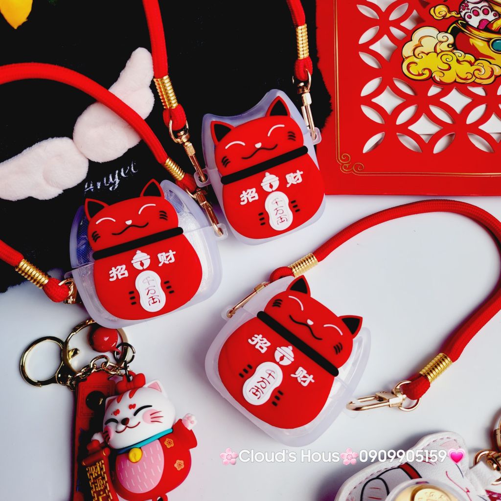 Cover Case Vỏ bảo vệ Airpod Mèo May Mắn Nhám Đỏ Có Dây Xách Airpod 1/2/3/Pro/Pro2 - TẾT