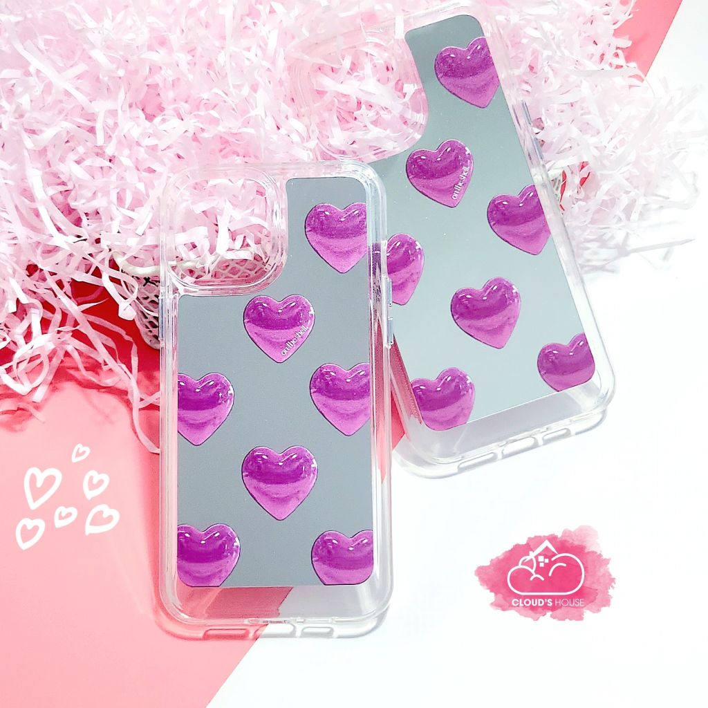 Case Ốp điện thoại iPhone Gương họa tiết Tim Hồng nút nổi iPhone 11/12/13/14/Pro/Promax