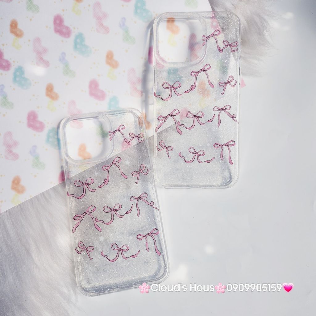 Case Ốp điện thoại iPhone Nơ Hồng Trong Kim Tuyến Bling bling iPhone 11/12/13/14/15/Pro/Promax