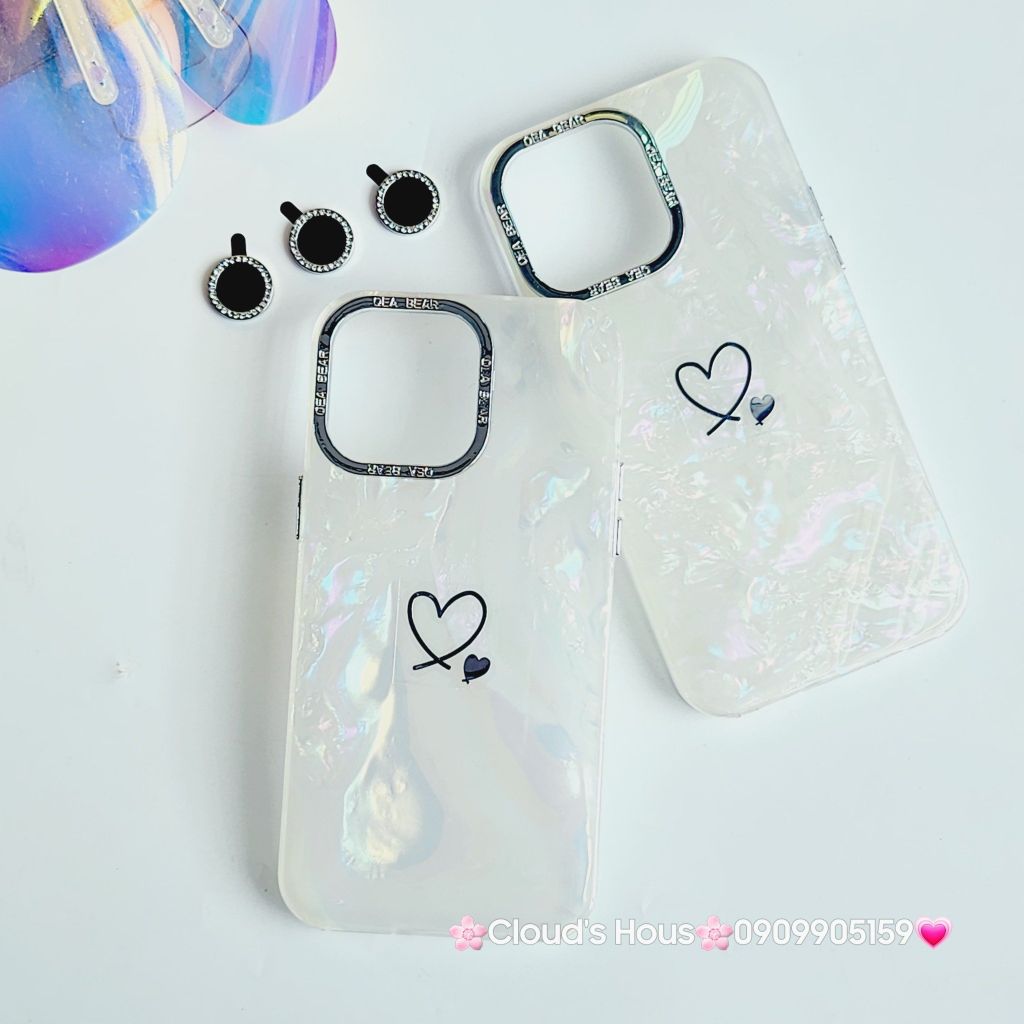 Case Ốp điện thoại iPhone Trái Tim Nền Trắng Ánh Xà Cừ kèm bảo vệ camera đính đá iPhone 11/12/13/14/15/Pro/Promax