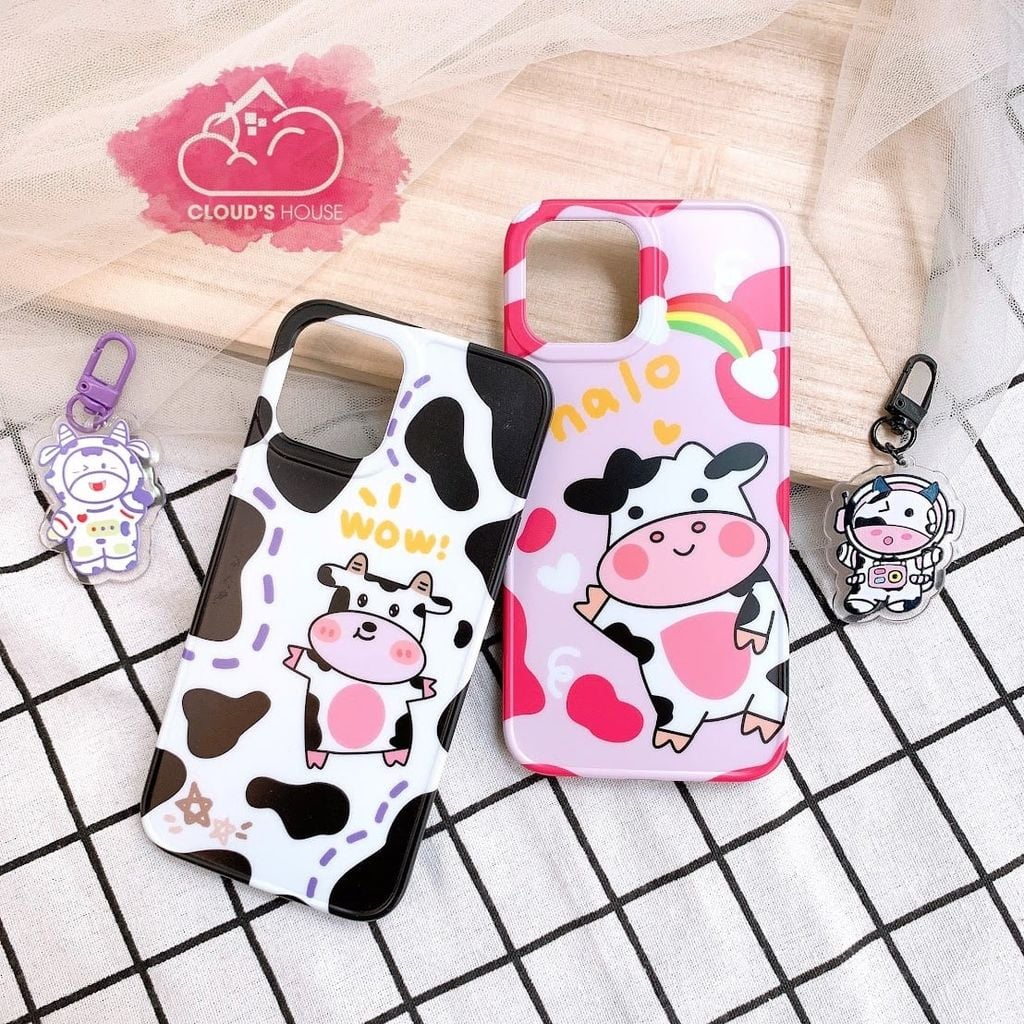 CASE IPHONE NHÁM BÓNG HOẠ TIẾT BÒ SỮA Trăng - Hồng