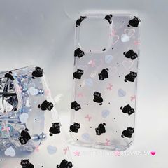 Case Ốp điện thoại iPhone Trong Mèo Đen Nền Tim Hologram iPhone 12/13/14/15/Pro/Promax