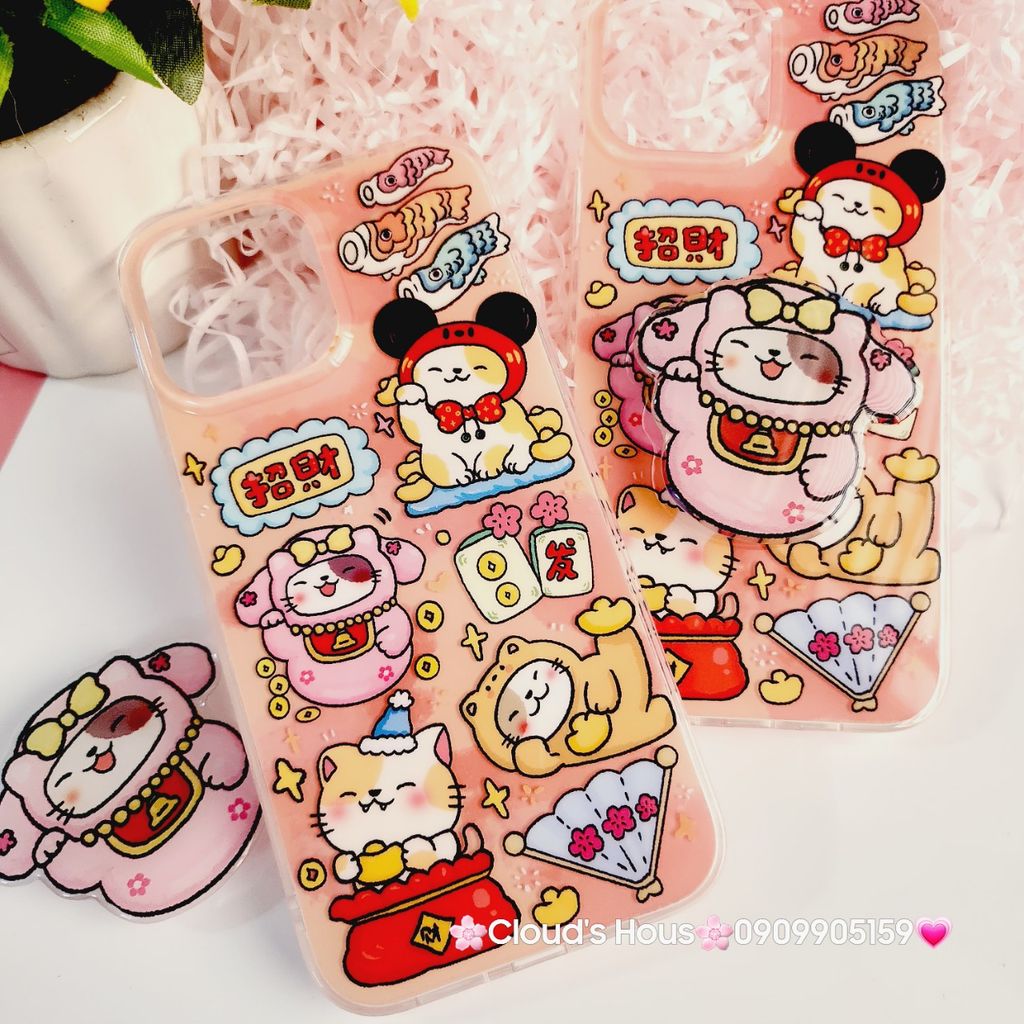 Case Ốp điện thoại iPhone Mèo May Mắn Thần Tài Túi Tiền Kèm Popsocket dán iPhone 11/12/13/14/15/Pro/Promax
